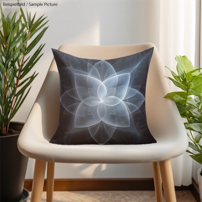 Chair with floral-patterned cushion, surrounded by two potted plants, in a sunlit room.