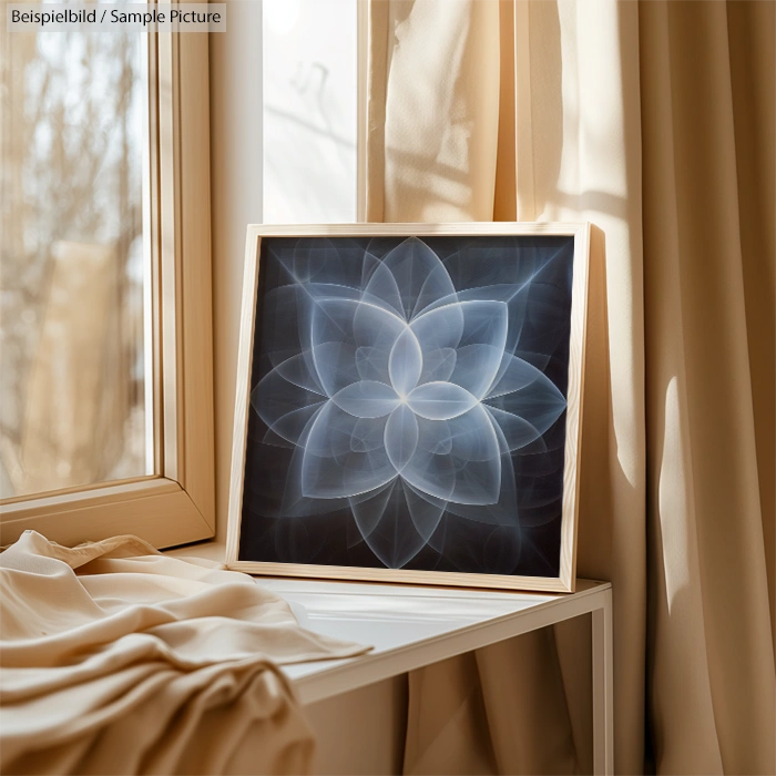 Framed digital artwork of an ethereal flower with layers, placed on a windowsill with neutral curtains.
