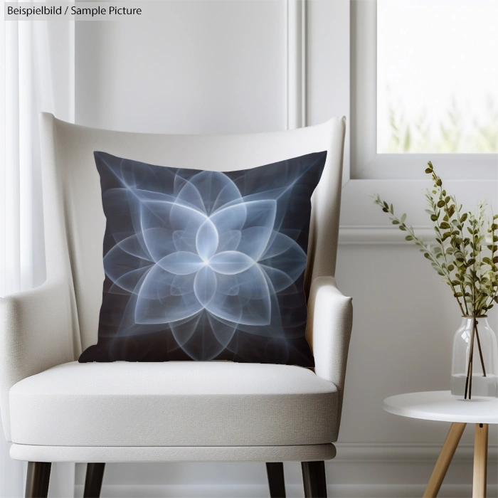 Chair with geometric floral pattern cushion, next to a small table and plant.