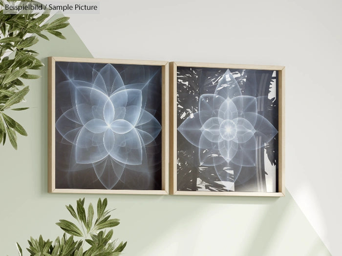 Two framed mandala art pieces with geometric patterns and leaf branches, displayed on a light-colored wall.