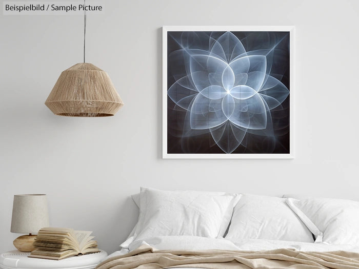Minimalist bedroom with a textured pendant lamp, abstract flower artwork, and neutral bedding.