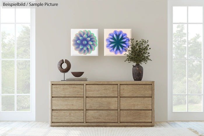 Modern living room with wooden dresser, abstract floral art, and large windows with greenery outside.
