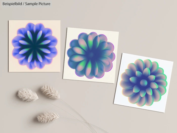 Three abstract floral illustrations with blue and green hues on a beige background, beside three dried pampas grass stalks.