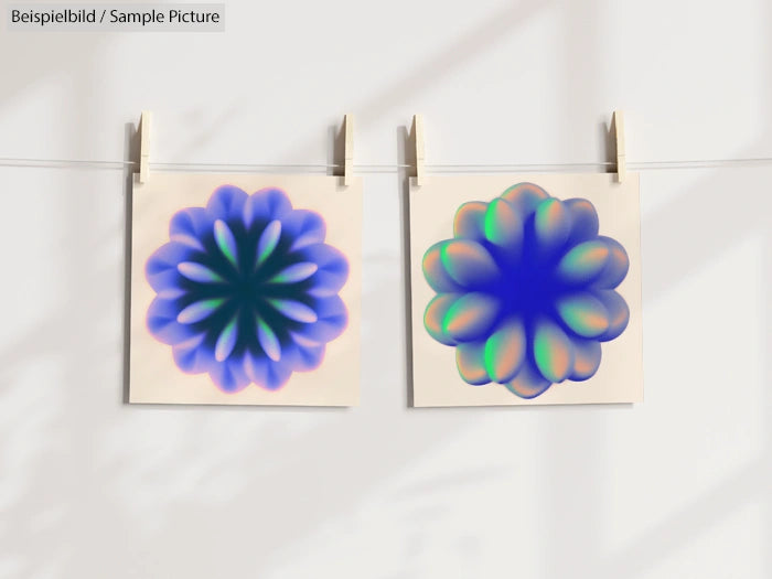 Two abstract flower-shaped artworks with blue and green hues clipped on a line against a neutral wall background.
