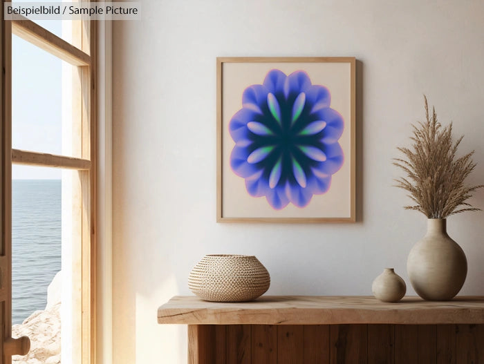Wall art of abstract flower design with blue petals in a rustic room by a window overlooking the sea.