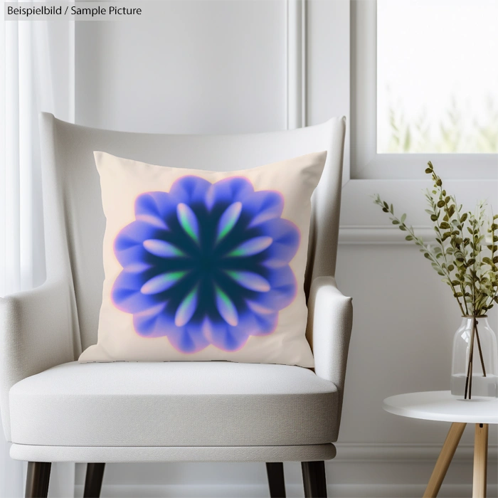 White chair with cushion featuring a digital art design of a blue and purple flower, next to a plant on a small table.