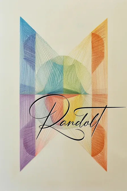 Geometric abstract art with letter 'M' in rainbow colors, stylized as lines and shapes, with cursive text overlay 'Randolt'.