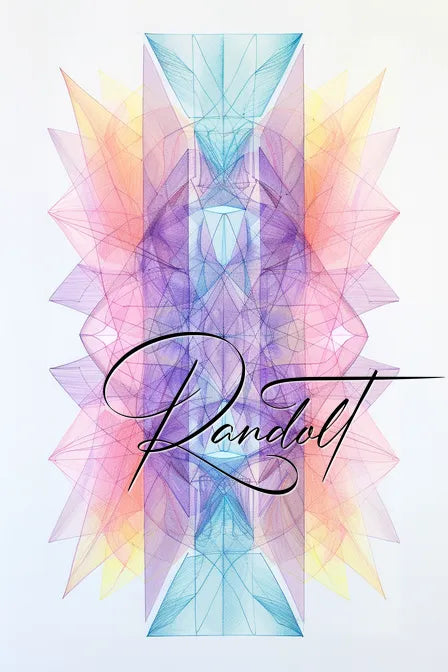 Geometric abstract art with overlapping colorful shapes and elegant "Randolt" script text overlay.