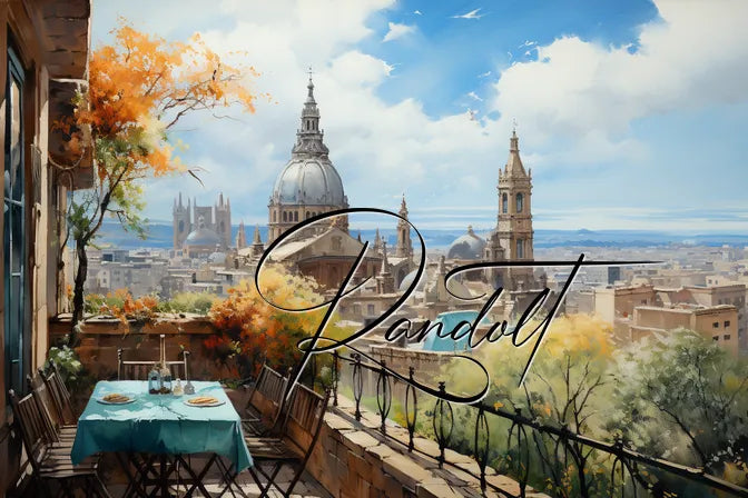 European cityscape with stoned terrace, autumn trees, and distant domed cathedral under a blue sky.