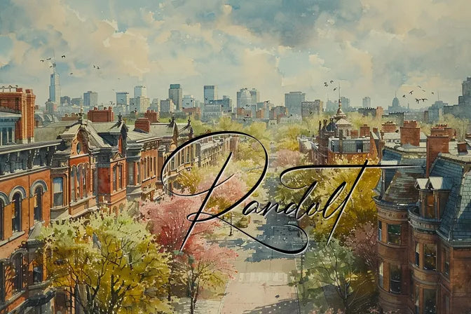 Watercolor painting of city skyline with trees and brownstone buildings, featuring the text 'Randolt' across the center.
