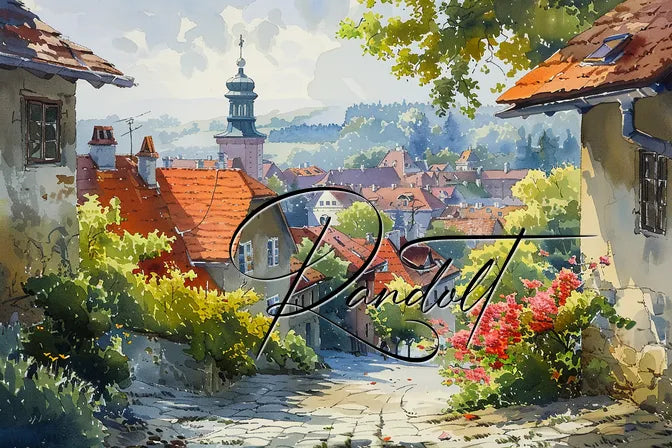 Scenic painting of a quaint village with red-tiled roofs, a clock tower, and lush greenery under a bright sky.