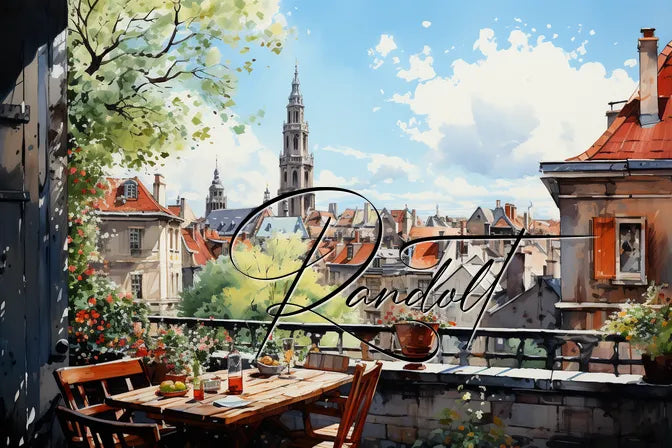 Charming urban balcony view with colorful flowers, cozy table setting, and distant church spire under clear blue skies.