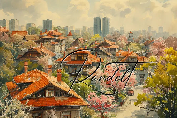 Artistic cityscape with red-roofed houses and tall buildings in the background, blooming trees in foreground.