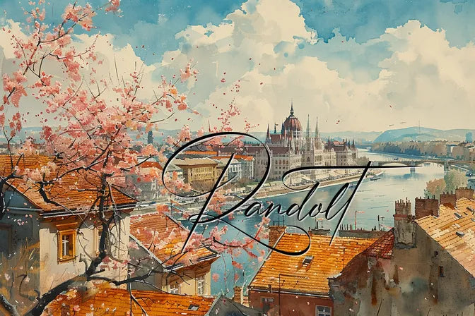 Scenic watercolor of a cityscape with cherry blossoms, rooftops, and a distant riverside parliament building.