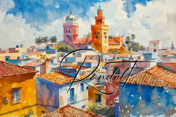 Watercolor painting of a vibrant cityscape with colorful rooftops and historical buildings under a bright blue sky.