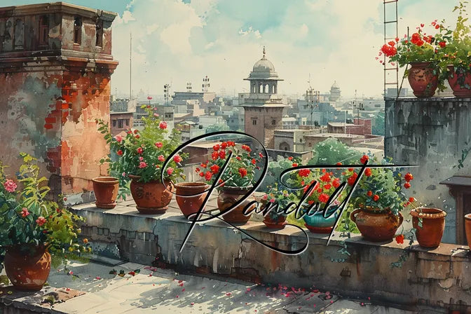 City rooftop with pots of colorful flowers, historic domes in the background under a bright, cloudy sky.