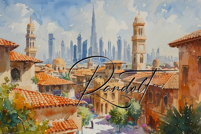 Colorful painting of a Middle Eastern city with tall skyscrapers in the background and traditional domes in the foreground.