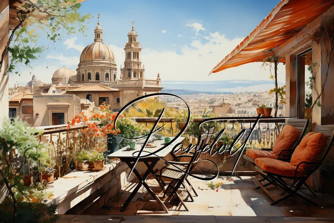 Scenic terrace with a view of domed buildings, flowers, and a table with chairs under an awning.