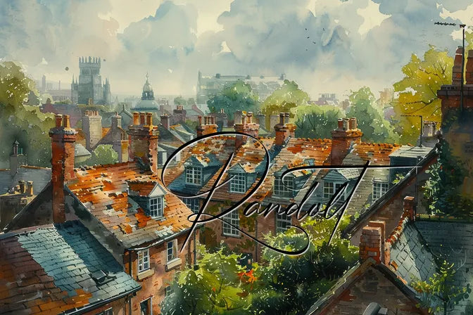 Charming watercolor of rooftops with red chimneys, lush greenery, and distant towers under a cloudy sky.