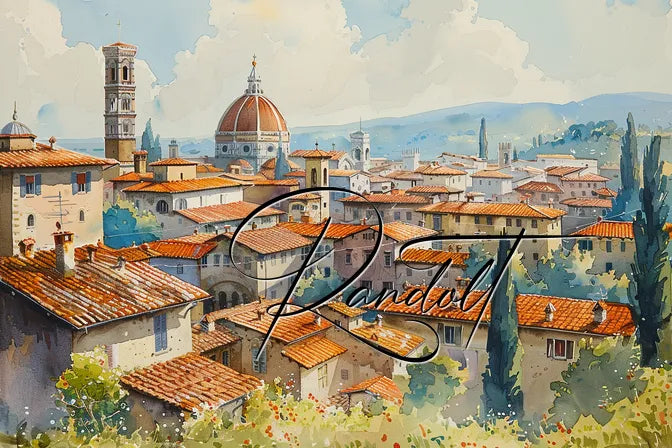 Colorful watercolor painting of a Tuscan village with terracotta roofs, domed church, and cypress trees.