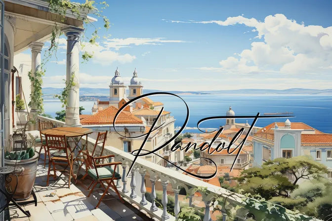 Scenic balcony view overlooking a coastal town with red rooftops and a blue sea under a sunny sky, elegant script "Randoll."