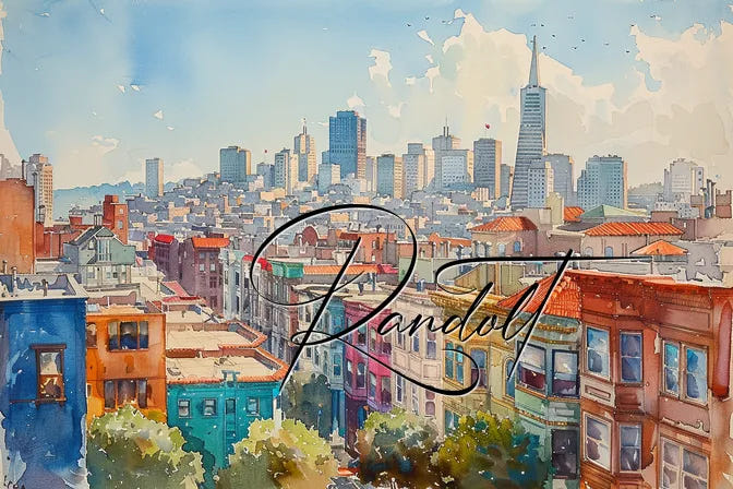 Colorful cityscape painting with multiple buildings and a skyline in the background, featuring a calligraphic Randoft text.