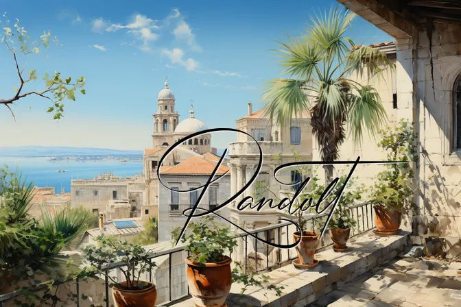 Scenic Mediterranean balcony view with potted plants, ocean, and distant domed buildings under a blue sky.