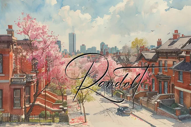 Beautiful cityscape with cherry blossoms and skyline, overlaid with the script word "Randolf."