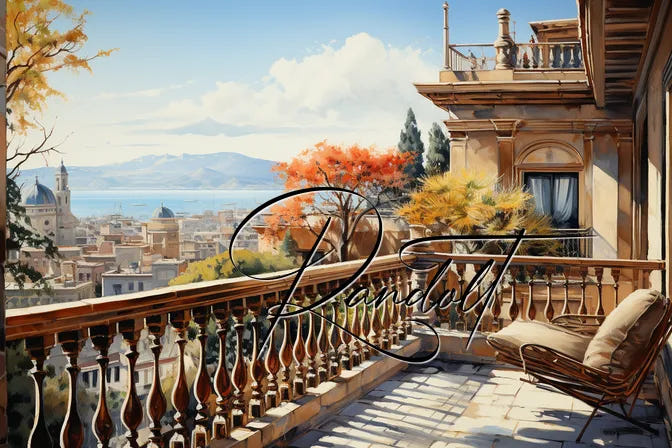 Elegant balcony overlooking a coastal cityscape, featuring autumn foliage and distant mountains under a clear blue sky.