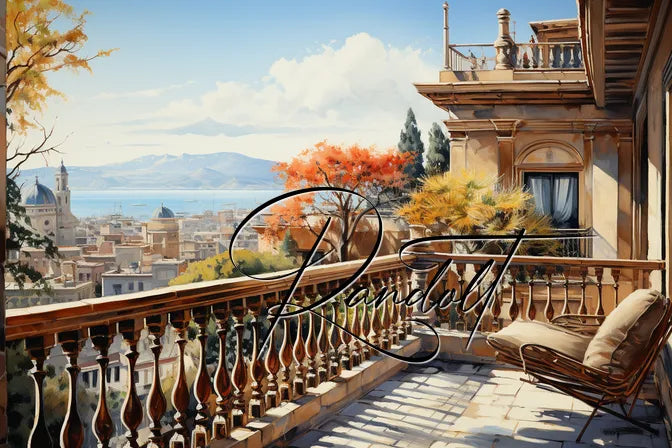 Elegant balcony overlooking a coastal cityscape, featuring autumn foliage and distant mountains under a clear blue sky.
