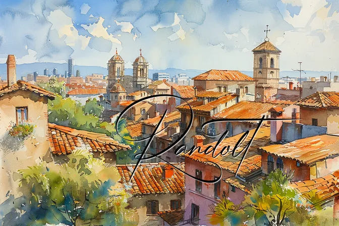 Watercolor painting of a Mediterranean town with terracotta rooftops and distant church domes under a blue sky.