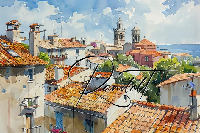 Colorful watercolor of a Mediterranean town with orange rooftops, blue sky, and distant sea view; "Randoll" script overlay.