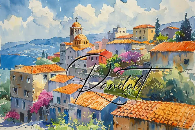 Colorful Mediterranean village with red roofs, vibrant flowers, and a blue sky in watercolor painting.