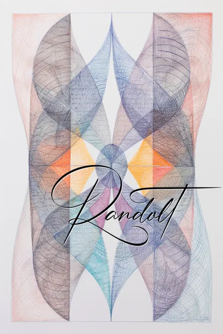 Intricate geometric artwork with colorful, intersecting shapes in blues and oranges, overlaid with cursive 'Randolt' script.
