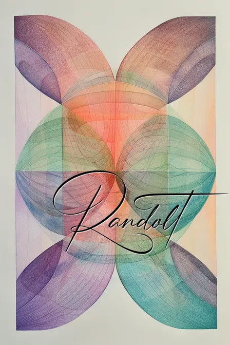 Colorful abstract art with overlapping geometric shapes in purple, orange, green, and blue, featuring the word 'Randolt.'