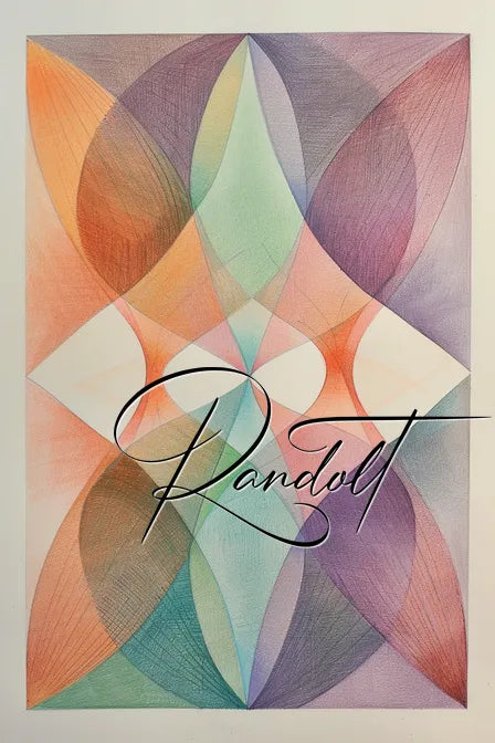 Geometric abstract art with overlapping colorful ovals and diamond shapes, featuring the word 'Randot' in script.