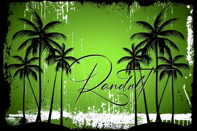 Silhouette of palm trees against a grungy green background with "Randoll" text overlay.
