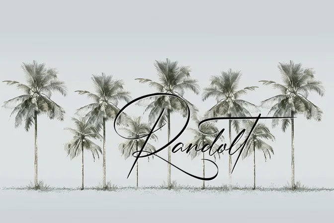 Minimalist illustration of palm trees with cursive text 'Randall' overlay on a light gray background.