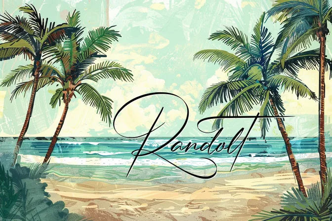 Tropical beach scene with palm trees, ocean waves, and the word 'Randolt' in elegant script overlaid on the sky.