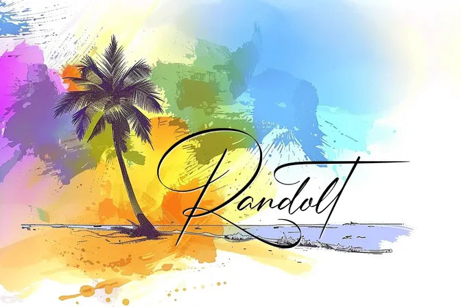 Colorful tropical design with palm tree, vibrant paint splashes, and cursive text 'Randolt' on white background.