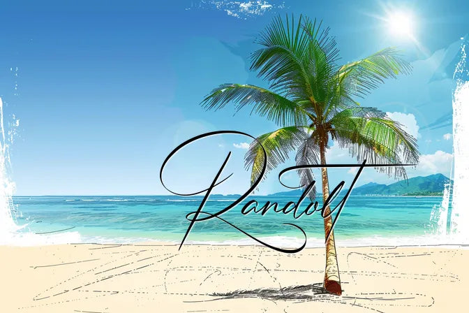 Illustration of palm tree on sunny beach with blue ocean and distant mountains, overlaid with cursive text 'Kandoll.'