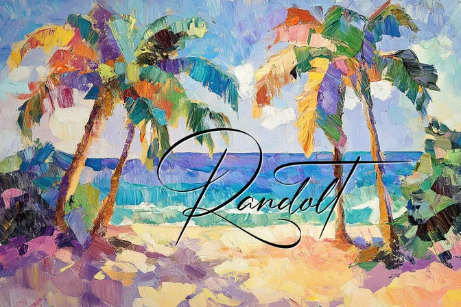 Colorful tropical beach painting with palm trees, ocean waves, and bright sky, featuring stylized signature "Randolt."