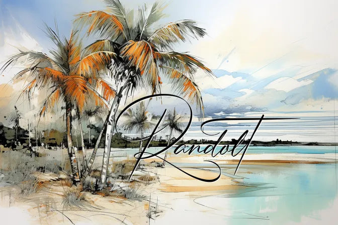 Illustration of a tropical beach with palm trees, ocean waves, and orange accents, featuring cursive word 'Randolt'.