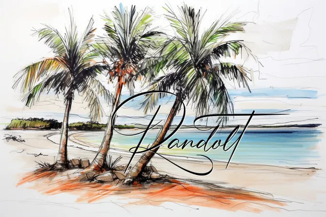 Seaside sketch with palm trees and ocean, script text 'Randolt' overlay.