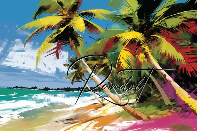 Vibrant painting of a tropical beach with palm trees, blue sky, and ocean waves, overlaid with elegant cursive text.