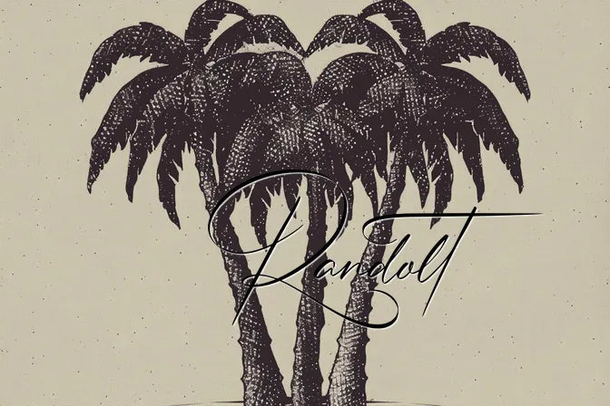 Vintage illustration of three palm trees with decorative script overlay on a textured beige background.