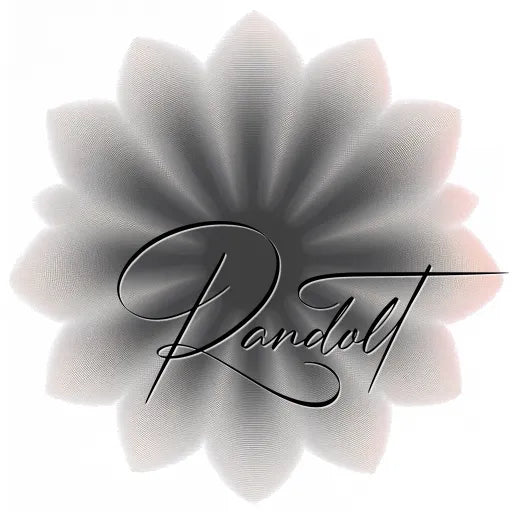Flower-shaped gradient design with cursive letter 'R' and 'Randolt' text overlay.