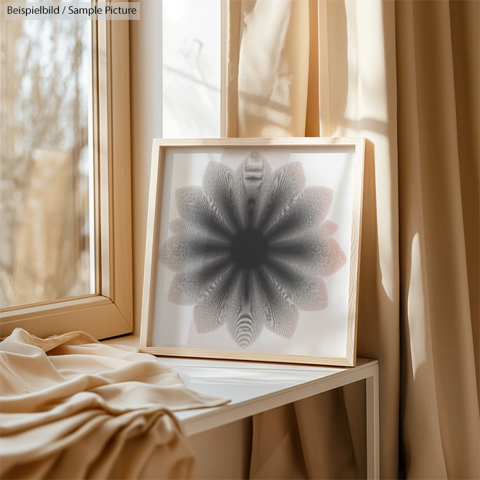 Framed black and white abstract flower art on a windowsill with beige curtains.