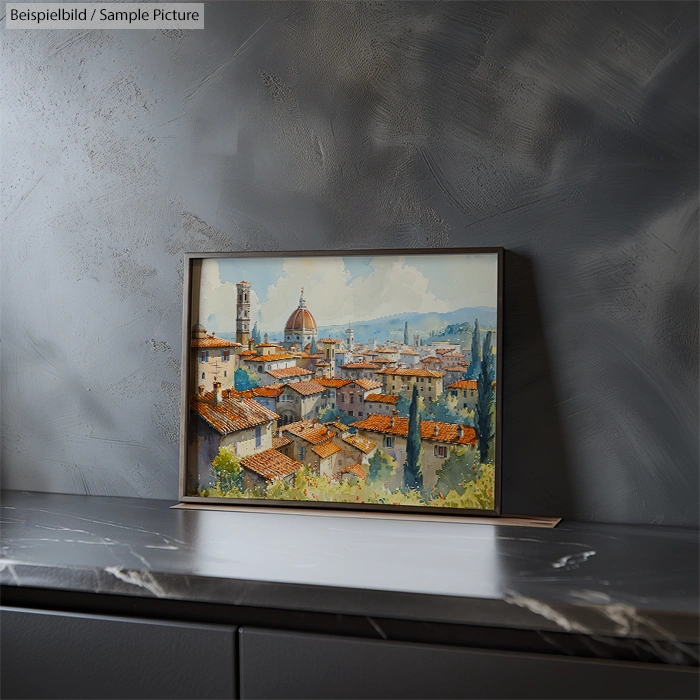 Landscape painting of a historic city with red-roofed buildings and distant mountains on a textured dark background.