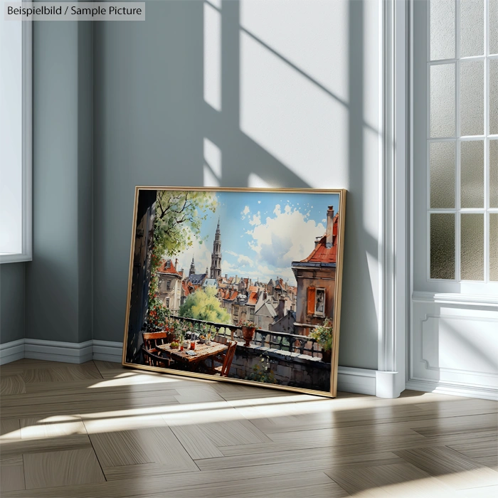 Framed painting of a rooftop cityscape, propped against a wall in a sunlit room with wooden flooring.